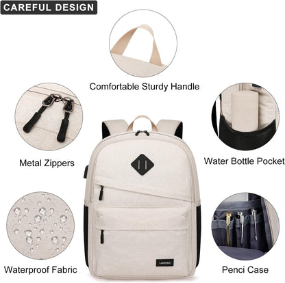 School Backpack for Teen Boys and Girls, Backpack for Men Women, 15.6 inch Laptop Back Pack for High School and College Students with USB Charging Port, Beige
