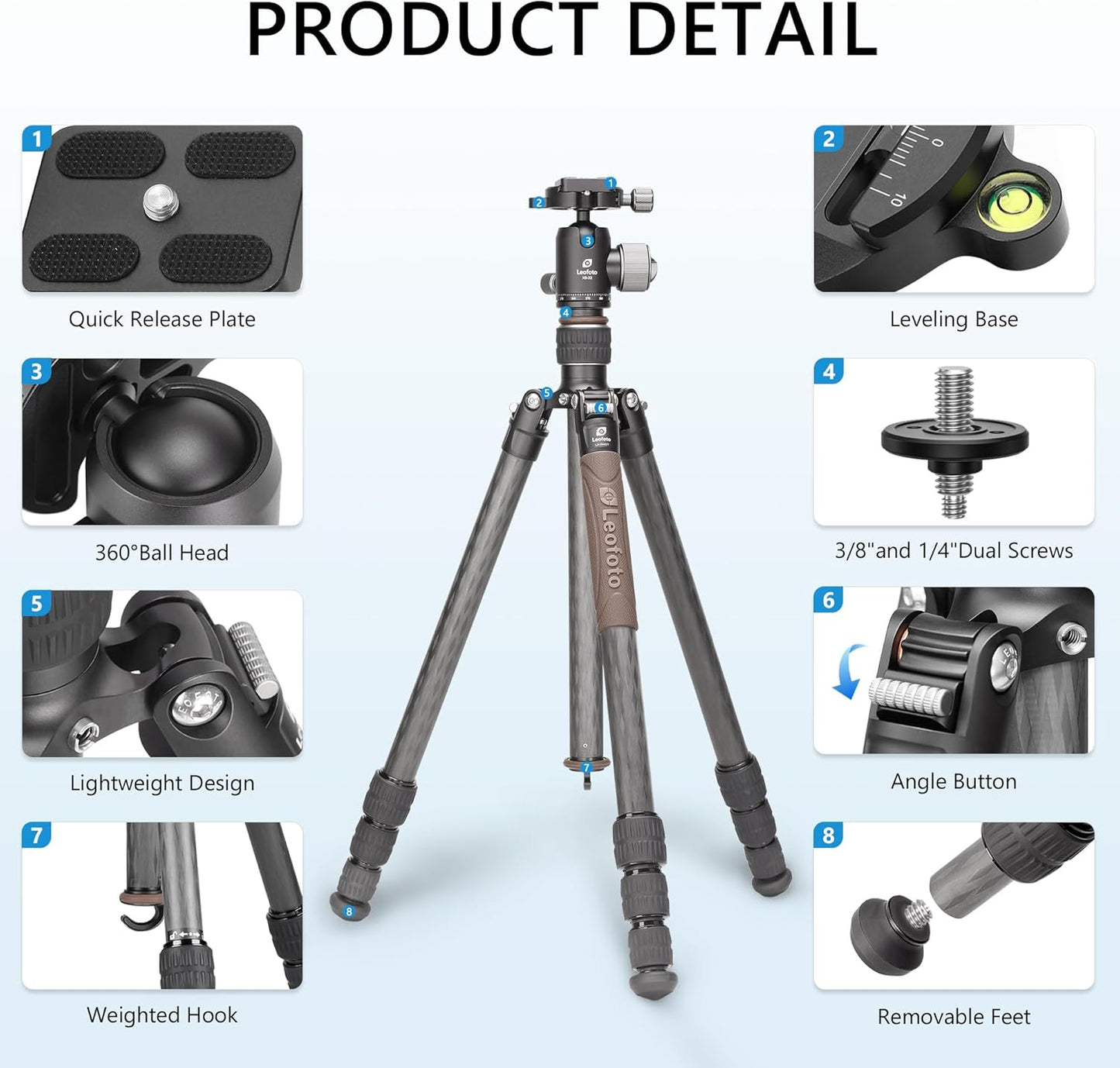 Compact Carbon Fiber Travel Camera Tripod with Ball Head, Reverse Folding Design, Maxload 8kg, Folded Height 450mm (LX-254CT+XB-32)