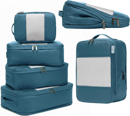 6-Pack Compression Packing Cubes Travel Essentials - Lightweight, Water-Resistant Luggage Organizer Bags with Handles, Durable Travel Accessories Suitcase Organizer (Teal)