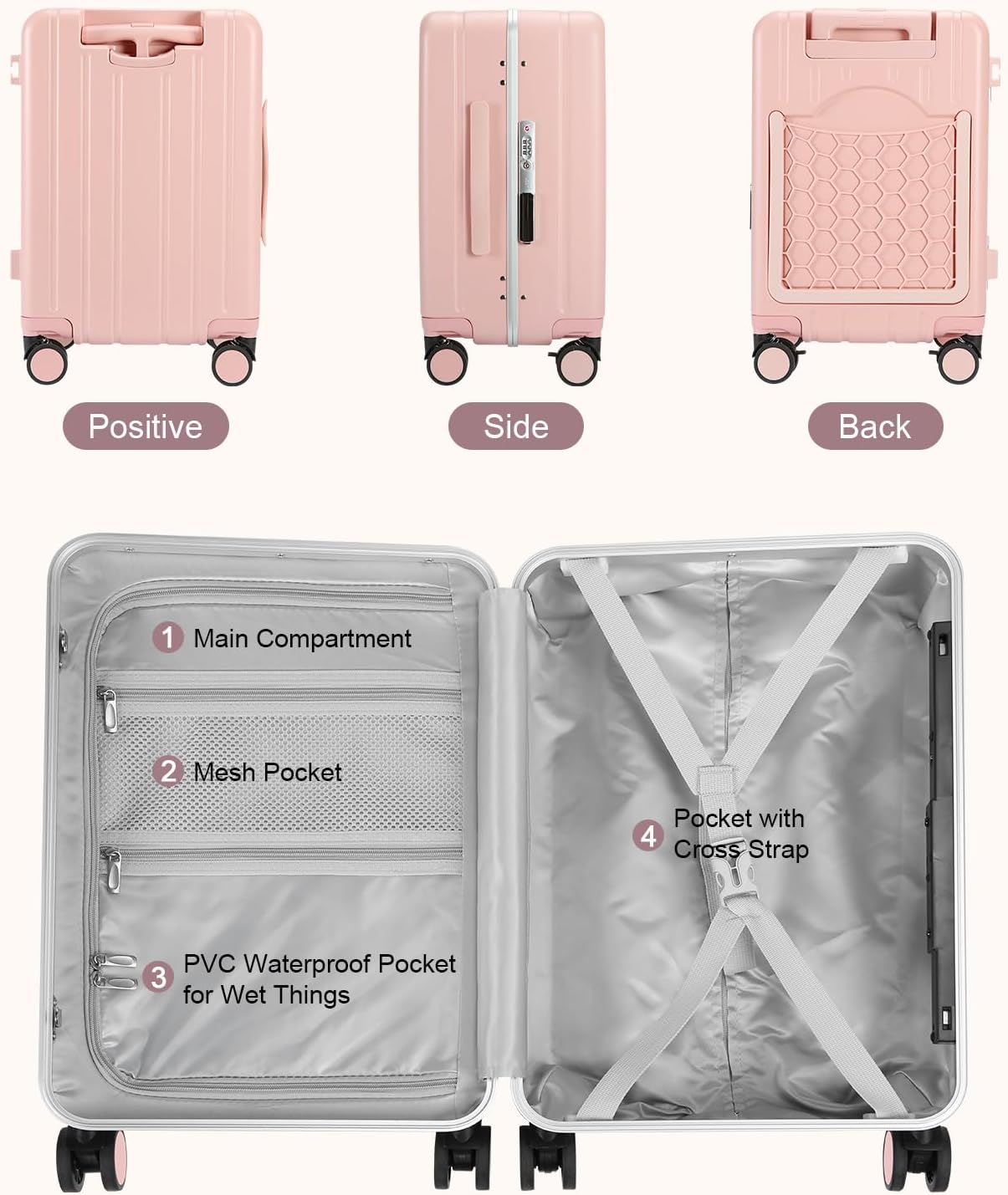 MRPLUM Carry On Luggage Double Handle Suitcase with Net Pocket,Hard Shell Spinner Wheels Luggage with TSA Lock&Seat Belt,20 inch,Pink