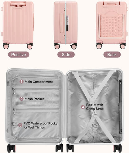 MRPLUM Carry On Luggage Double Handle Suitcase with Net Pocket,Hard Shell Spinner Wheels Luggage with TSA Lock&Seat Belt,20 inch,Pink