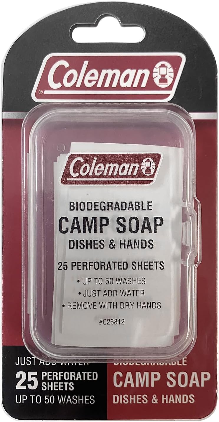 Coleman Camp Soap Sheets – 25 Travel Soap Sheets for Camping, Hiking & Backpacking – Perforated for 50 Washes, Dissolves Instantly in Hot or Cold Water, TSA-Approved for Travel
