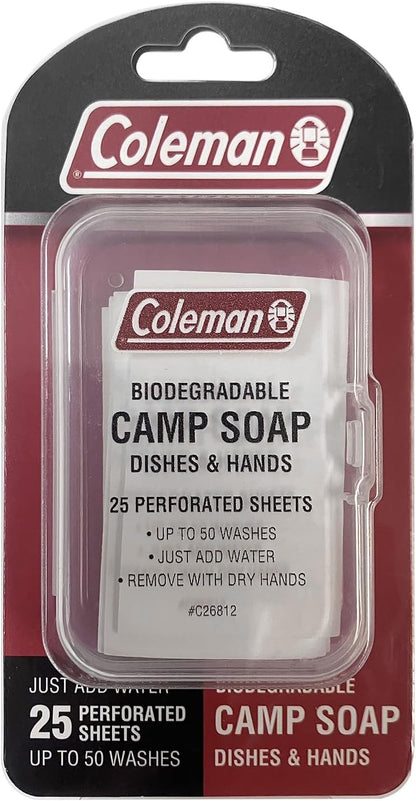 Coleman Camp Soap Sheets – 25 Travel Soap Sheets for Camping, Hiking & Backpacking – Perforated for 50 Washes, Dissolves Instantly in Hot or Cold Water, TSA-Approved for Travel