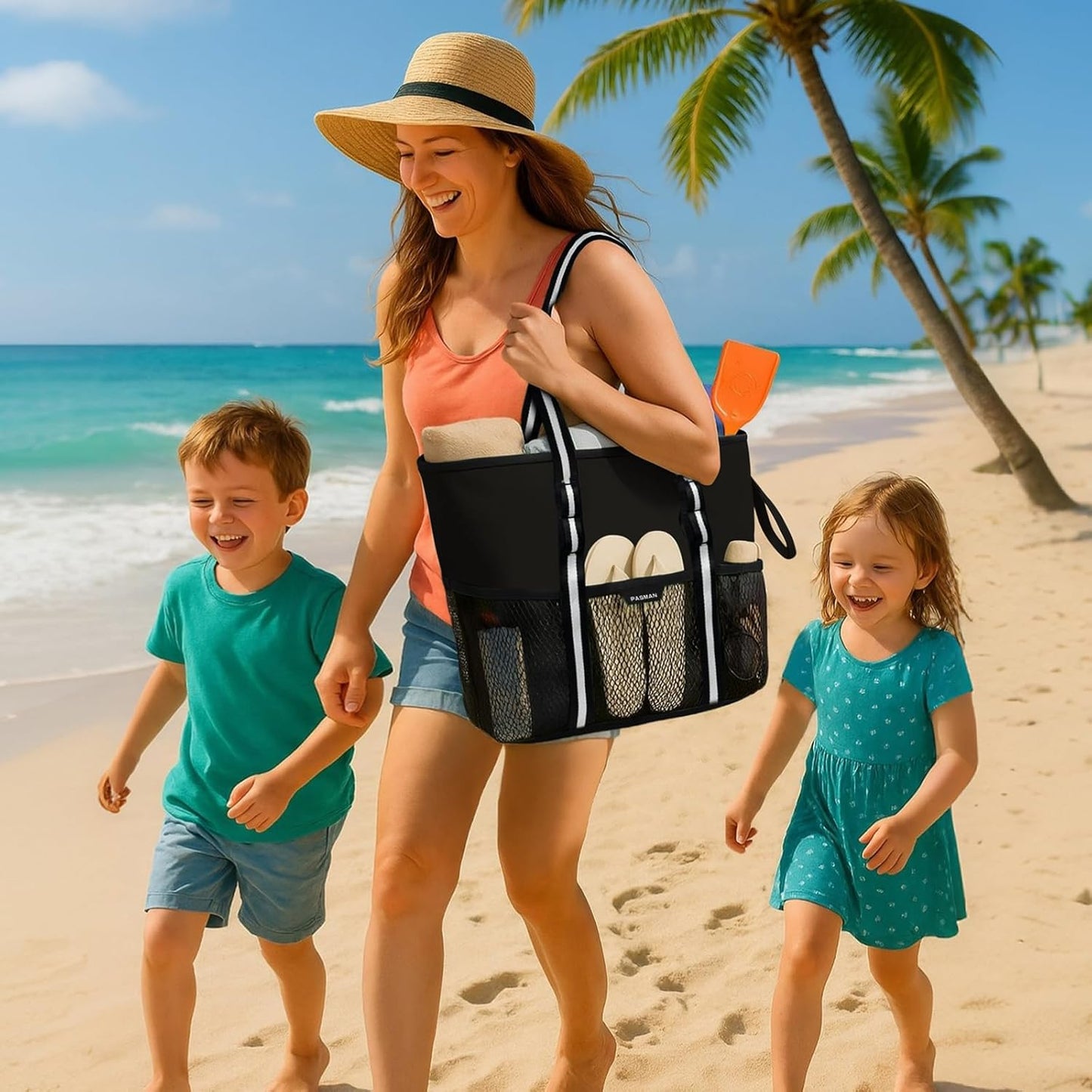 Beach Bag with Zipper - 8 Pockets Sandproof Beach Tote Bag for Women,Foldable Lightweight Family Swim Bag Vacation