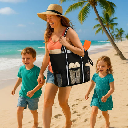 Beach Bag with Zipper - 8 Pockets Sandproof Beach Tote Bag for Women,Foldable Lightweight Family Swim Bag Vacation