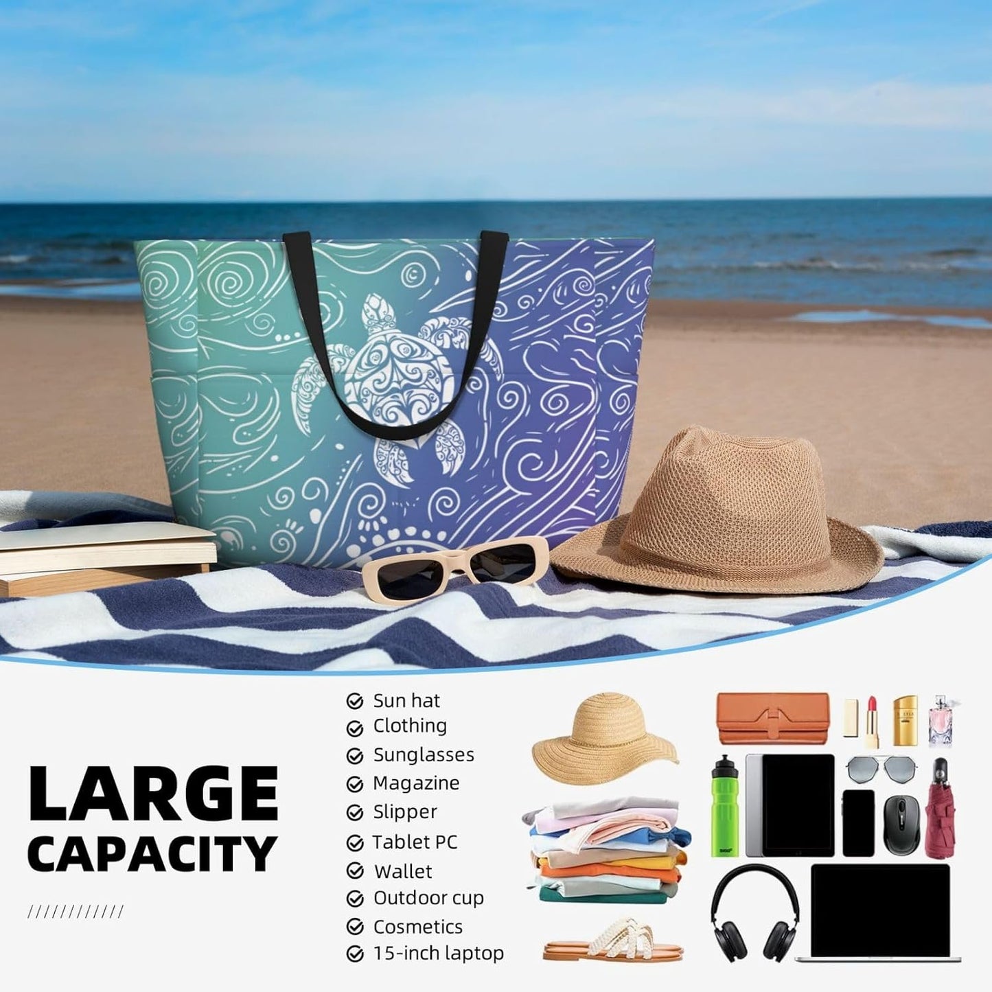 Beach Bag for Women Beach Tote Bag Waterproof Sandproof Large Bags with Zipper Big Capacity for Vacation Travel