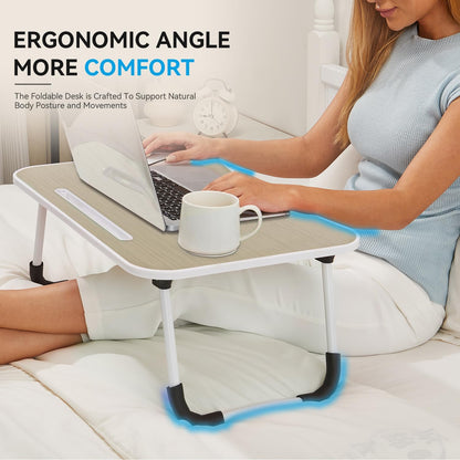 BUYIFY Folding Lap Desk, 23 Inch Portable Wood Brown Laptop Bed Desk Lap Desk with Cup Holder, for Working Reading Writing, Eating, Watching Movies for Bed Sofa Couch Floor