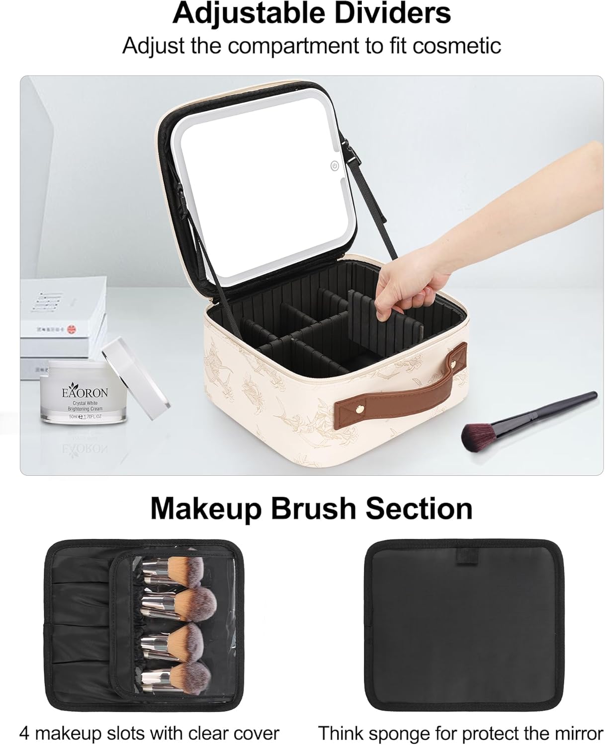 Chomeiu Makeup Bag with LED Mirror, Cute Cosmetic Bags Birthday Gifts for Girls Women, Makeup Train Case Artists Organizer Large Make Up Bags with Light Up Mirror 3 Color Lights, Beige