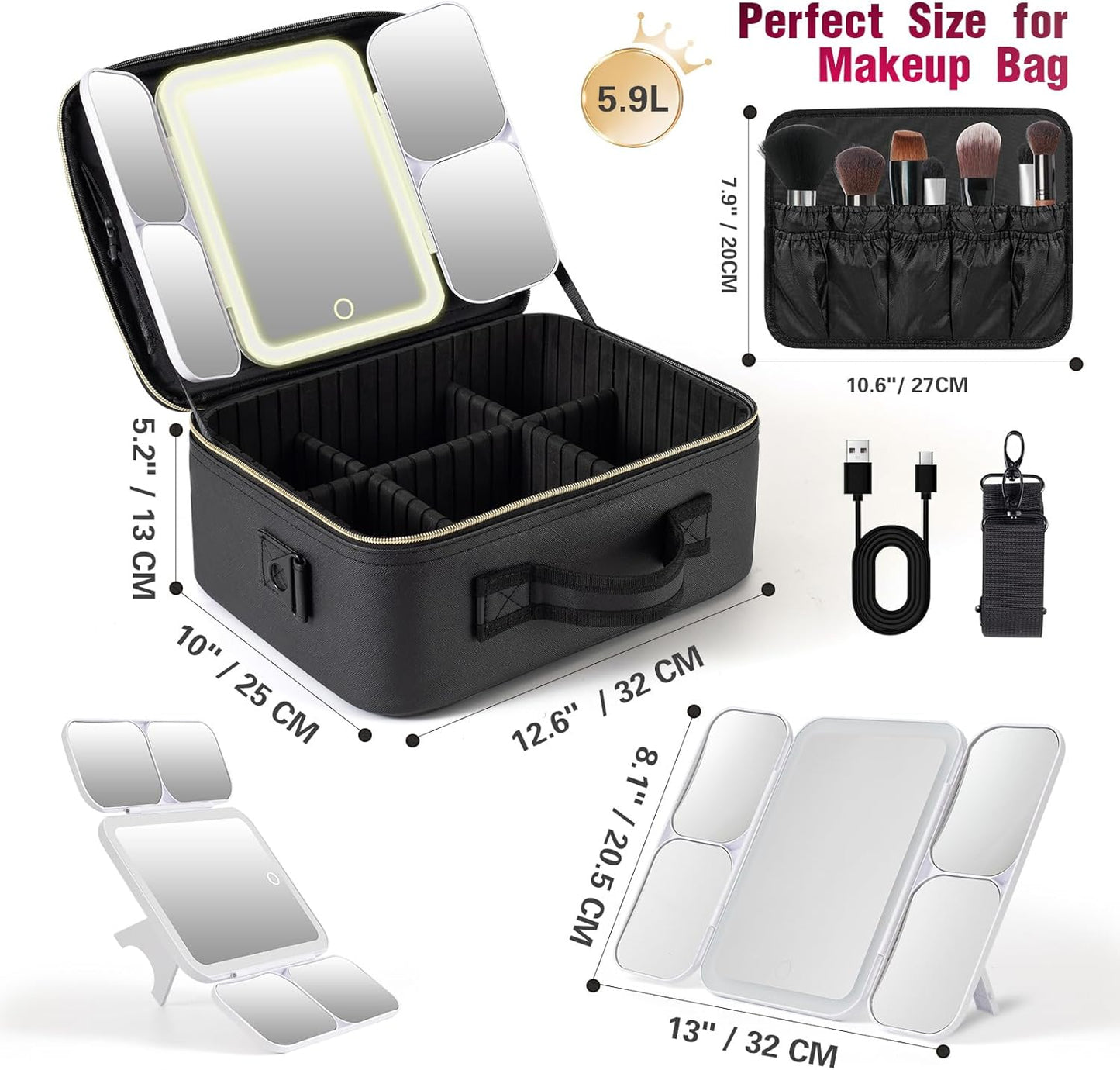 Mid-Size Makeup Bag with LED 1X5X10X20X30X Magnifying Mirror and Travel Makeup Train Case Cosmetic Organiser with Mirror and Separate Makeup Brush Panel, Portable Adjustable Divider, Black