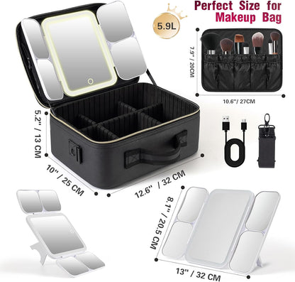 Mid-Size Makeup Bag with LED 1X5X10X20X30X Magnifying Mirror and Travel Makeup Train Case Cosmetic Organiser with Mirror and Separate Makeup Brush Panel, Portable Adjustable Divider, Black
