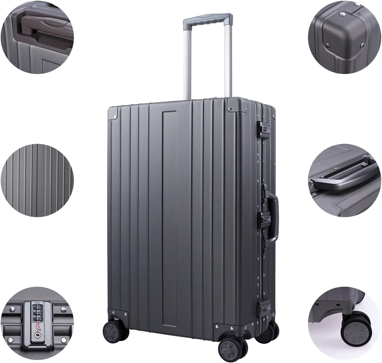 TRAVELKING All Aluminum Luggage Zipperless Hard Shell Luggage Case with TSA Lock Spinner Alloy Metal Suitcase (Grey, 28")