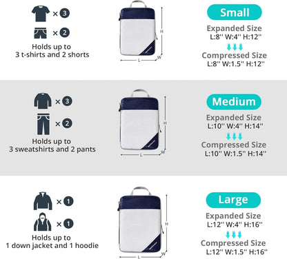 7 Set Compression Packing Cubes for Travel - Compressible, Lightweight, and Space-Saving Packing Cubes, Travel Essentials for Women, Navy