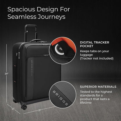 Briggs & Riley 29" Large Expandable Spinner - Checked Luggage for Travel, Suitcases with Wheels, Softside Rolling Bag for Men & Women - ZDX Collection, Black