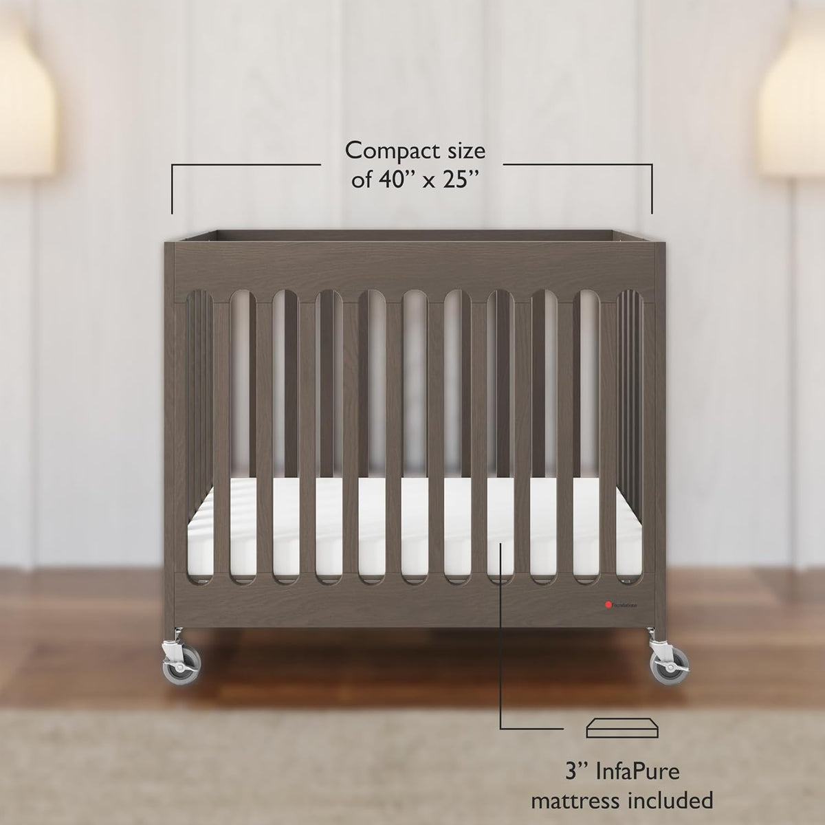 Foundations Boutique Folding Mini Baby Crib - Compact, Portable, Wooden Hotel Crib, Foldable Mini Crib for Baby & Toddlers - Includes 3" Foam Mattress, Dapper Gray