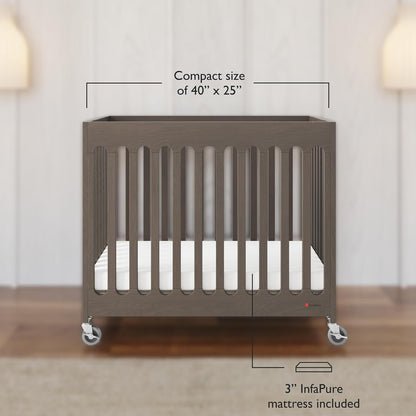 Foundations Boutique Folding Mini Baby Crib - Compact, Portable, Wooden Hotel Crib, Foldable Mini Crib for Baby & Toddlers - Includes 3" Foam Mattress, Dapper Gray
