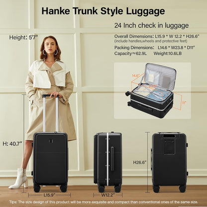 Hanke 24 Inch Luggage with Cup Holder and Charge,Top Opening Hard Shell Suitcases with Wheels and Dividers,Aluminum Frame Trunk Luggage Medium Checked Suitcase with Lock for Travel，Jet Black