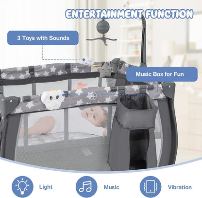 HONEY JOY Pack and Play, 3 in 1 Portable Baby Playard with Bassinet, Changing Table, Lockable Wheels, Music Box, Foldable Travel Baby Crib Nursery Center from Newborn to Toddler (Star Gray)