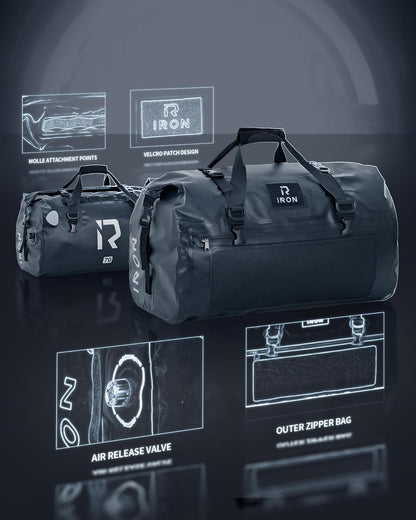 IRON JIA'S Motorcycle Dry Bag - Waterproof Duffle & Luggage Tail Bag Saddle Bags with Roll Top Closure, Shoulder Straps, Inner Pocket and Mesh Pocket (Black, 70L)