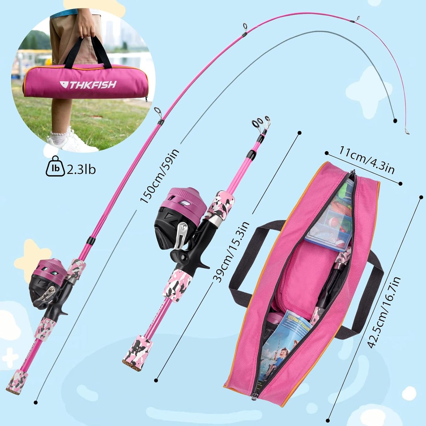 Kids Fishing Pole Set, Telescopic Fishing Rod Reel Combo Kids Starter Kit with Lures Tackle Box, Foldable Stool and Portable Bag for Boys Girls Younth