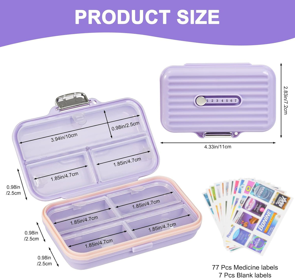 Travel Pill Organizer Box with Medicine Labels, 7 Compartments Portable Pill Case, Daily Medication Organizer Storage Pill Container for Pocket Pharmacy(Purple, L)