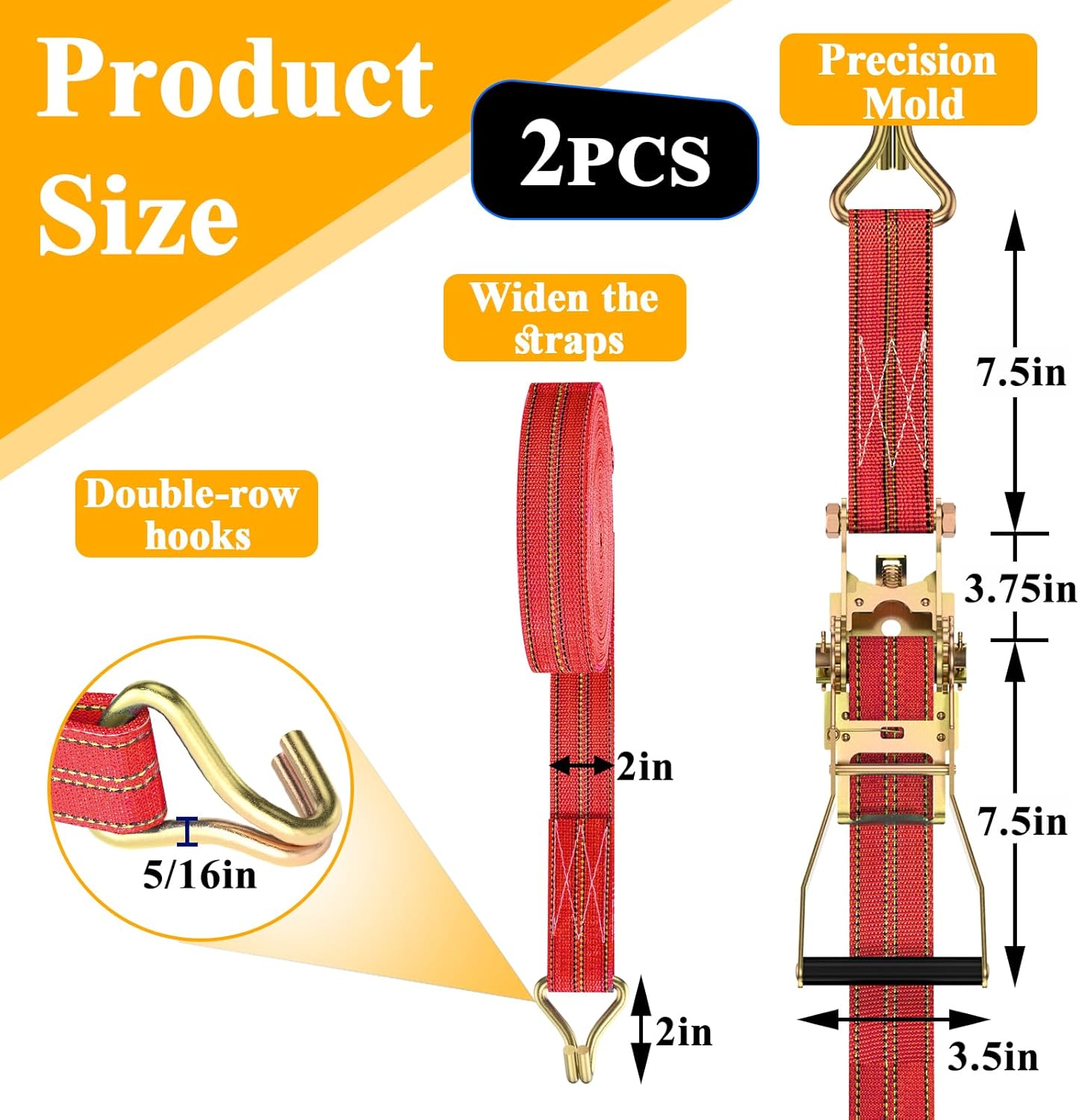 2Pack Ratchet Straps Heavy Duty, 2” 32Ft Tie Down Straps Ratchet, Tie Down Ratcheting with Double J Hook, 4000 LB Break Strength Cargo Strap Ratcheting for Moving, Trailers, Motorcycles and Car Roof