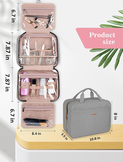 BALHLHG Toiletry Bag for Women With Hanging Hook, Medium Travel Makeup Organizer, Water-resistant Cosmetic Toiletries Bag for Bathroom, Trip, Business, Grey