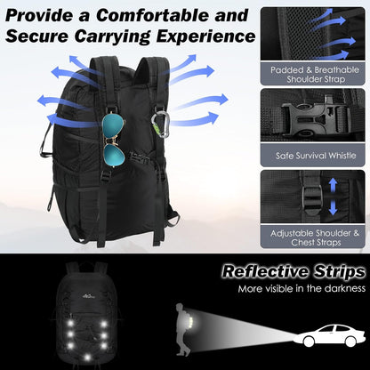MoKo Hiking Backpack, 40L Large Capacity Camping Backpack with Multiple Pockets, Tear-Resistant Travel Daypack for Men Women, Packable and Lightweight Hiking Daypack for Travel Camping Outdoor, Black