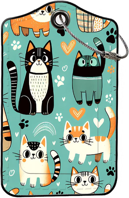 Luggage Tags for Suitcases, 2-Pack PU Leather for Cruise & Travel, Baggage ID Tags with Privacy Cover & Address Card, Durable Metal Ring, Kids Adults Travel Accessories, Cute Cat Print