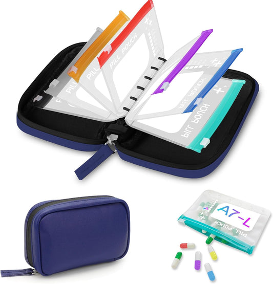 A7-L Timueetech Water-Proof Pill Pouch Set, BPA Free, A7-L Pill Loose-Leaf Storage with Color-Coded Medicine Pouches, Large Reusable Travel Medicine Organizer， Zippered Pill Organizers Weekly