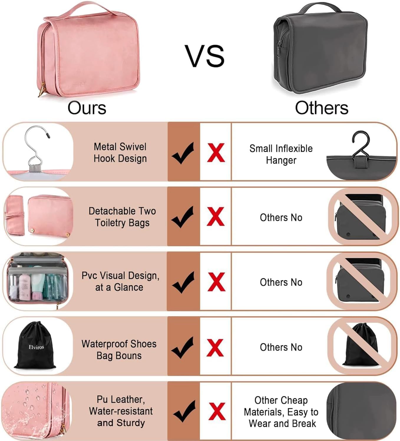 Elviros Hanging Travel Toiletry Bag for Women, 3-in-1 Large Makeup Bag and Cosmetic Organizer, Vegan Leather Waterproof Skincare Case for Travel Size Toiletries and Accessories