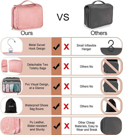 Elviros Hanging Travel Toiletry Bag for Women, 3-in-1 Large Makeup Bag and Cosmetic Organizer, Vegan Leather Waterproof Skincare Case for Travel Size Toiletries and Accessories