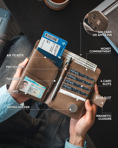 VULKIT Passport Holder with Airtag Holder RFID Blocking Passport Wallet Travel Leather Passport for Women(Espresso)