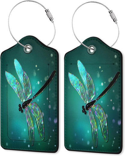 2 Pack Luggage Tag for Suitcase, Dragonfly Leather Suitcase Tags Identifiers with Privacy Name Address Labels & Durable Steel Loop for Women/Men Travel Fantasy Green Dragonfly