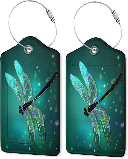 2 Pack Luggage Tag for Suitcase, Dragonfly Leather Suitcase Tags Identifiers with Privacy Name Address Labels & Durable Steel Loop for Women/Men Travel Fantasy Green Dragonfly