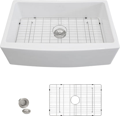 33 White Farm Sink - Fulorni 33"x21" Farmhouse Kitchen Sink Curved Apron Front Ceramic Porcelain Fireclay Single Bowl Farmer Style Basin