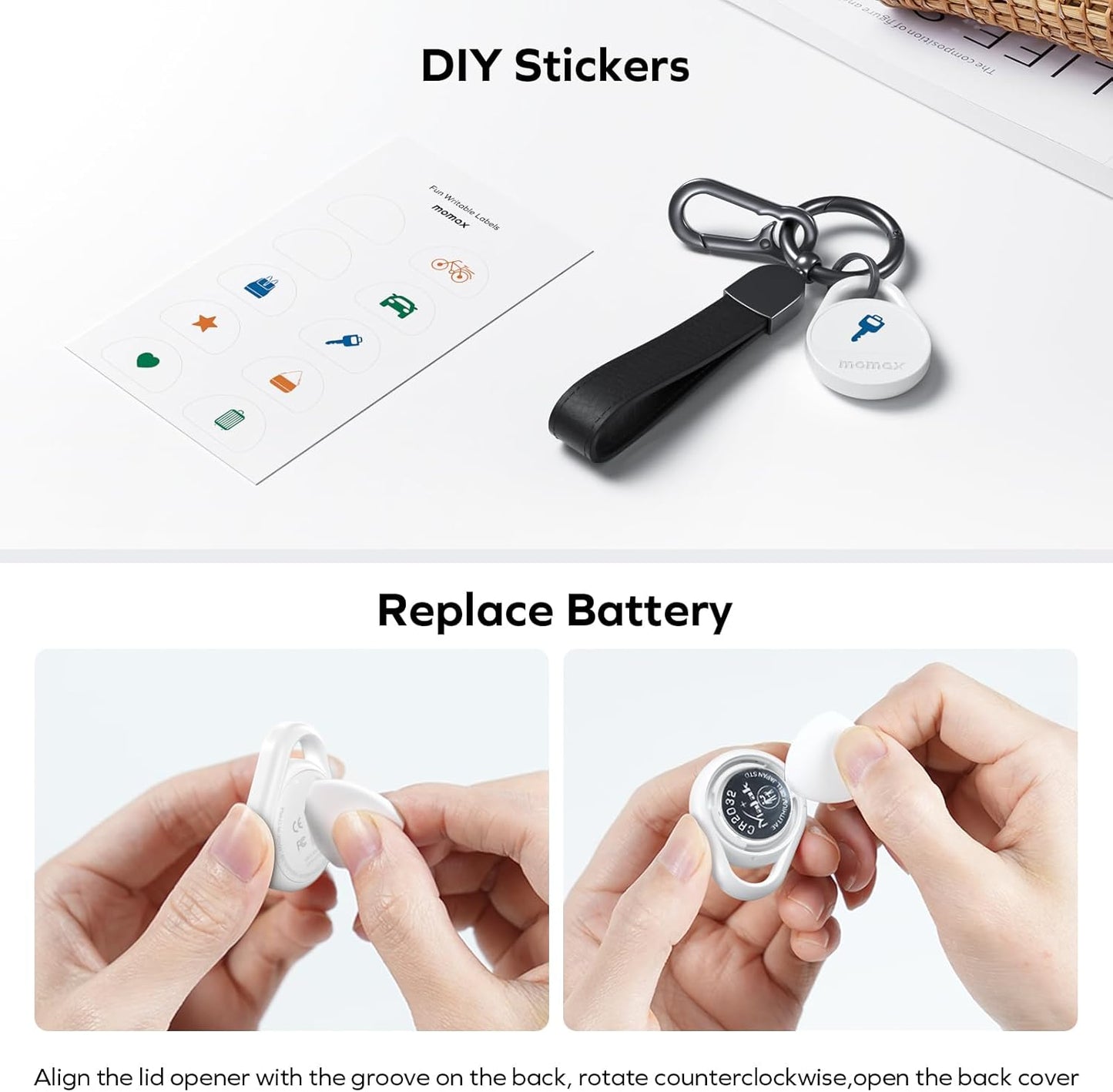 Momax Key Finder Tracker Tag - [Apple MFi Certified] Smart Bluetooth Tracking Device with Find My (iOS Only), Replaceable Battery, DIY Stickers, for Wallets, Luggage, Suitcases, Backpacks, 2 Pack