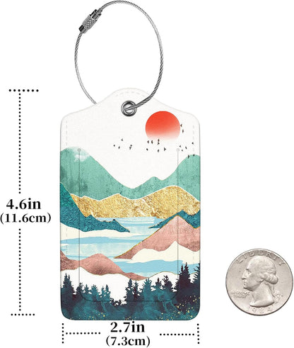 2 Pcs Luggage Tags for Suitcases, PU Leather Cruise Ship Luggage Tags with Privacy Cover Label Address Card and Durable Metal Ring Suitable for Men Women Handbags Backpacks Schoolbag,Golden Mountains