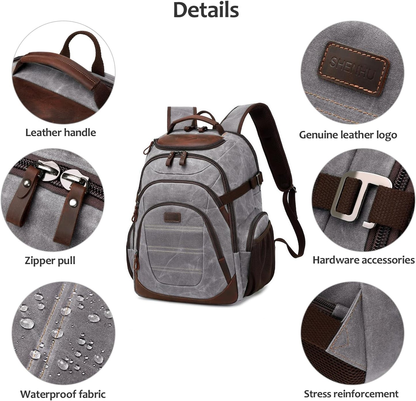 Travel Laptop Backpack 17.3 inch XL Computer Backpack for Men Waxed Canvas College Daypack Business Backpack Gray