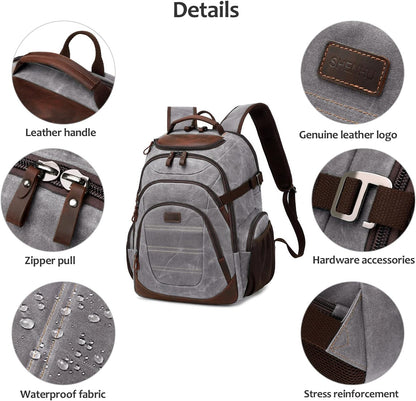 Travel Laptop Backpack 17.3 inch XL Computer Backpack for Men Waxed Canvas College Daypack Business Backpack Gray