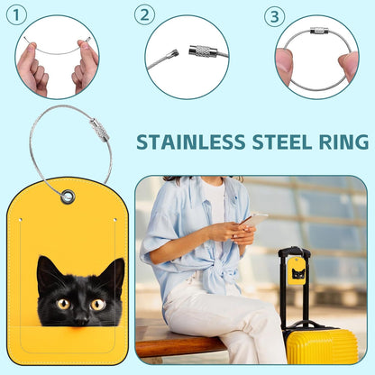 2 Pack Cute Luggage Tag for Suitcases Cute Black Cat Leather Luggage Tags with Stainless Steel Loop Privacy Flap Name Tags,Men and Women Travel Bag Suitcase Tags