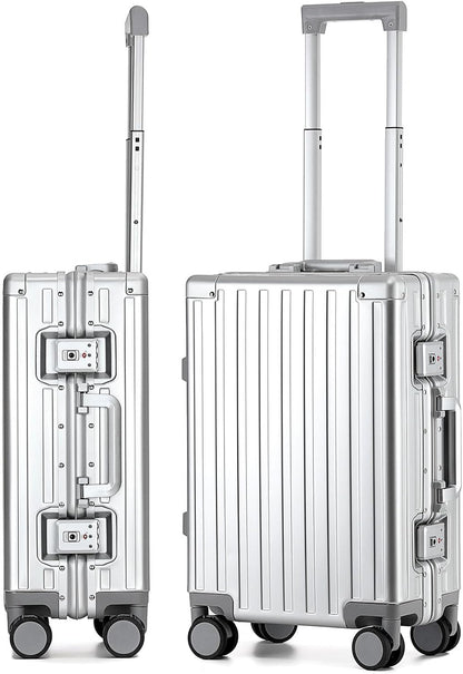 20 Inch All Aluminum Carry On Luggage 22x14x9 Airline Approved with Spinner Wheels,Hard Shell Zipperless Lightweight Small Suitcase with TSA Approved for Travel Business Women Men,Silver