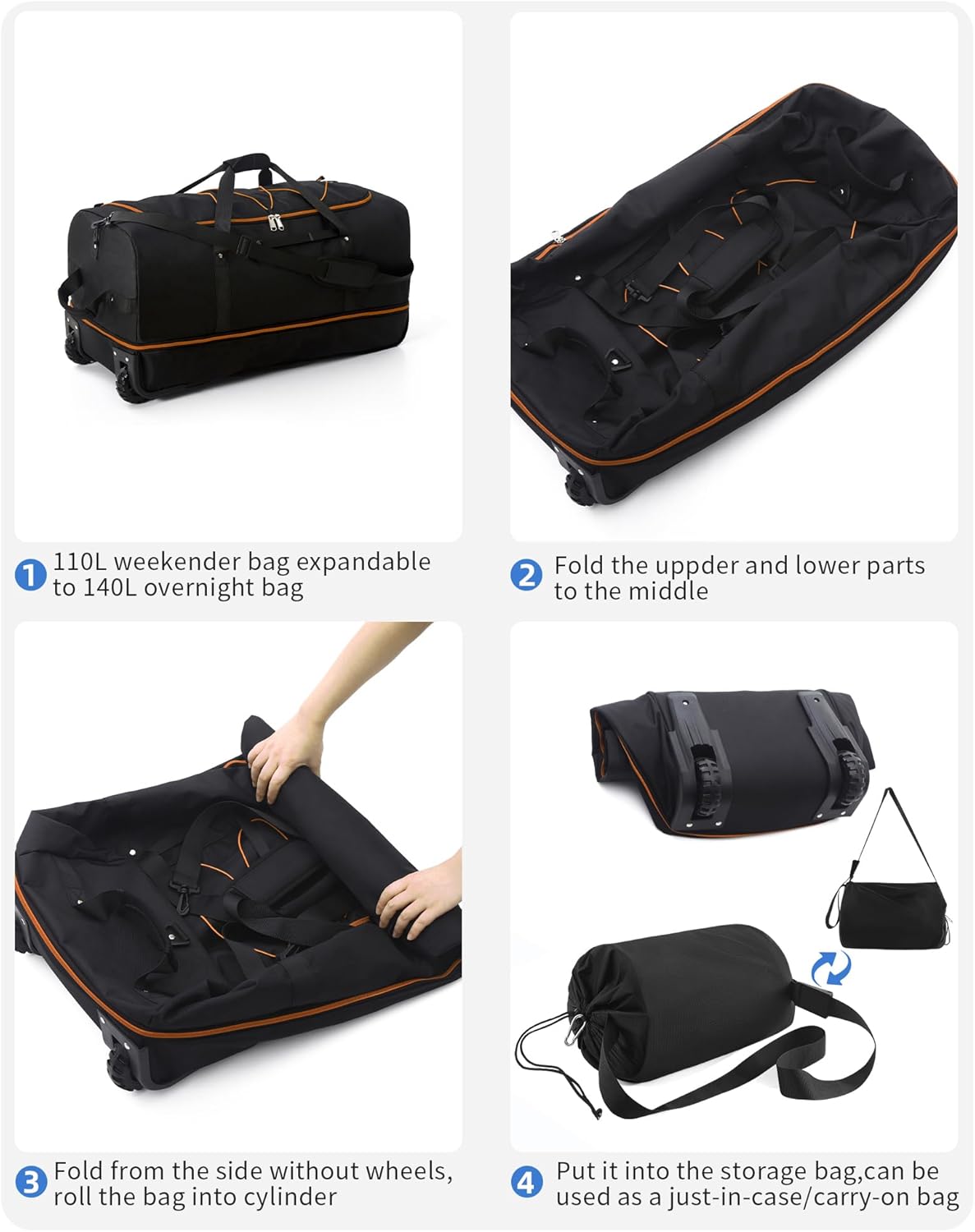 CONTAIL 32”110L Expandable 140L Rolling Duffle Bag with 2 Inline Wheels,Convertible Weekend Travel Bag with Bungee-Cord System,Black-orange