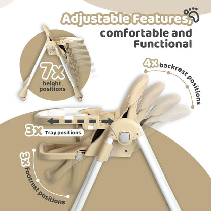 JOYMOR Foldable Baby High Chair, 4 in 1 Convertible Highchair for Eating, Height Adjustble and Multiple Recline, Compact Foldable Design for Easy Storage (Beige)