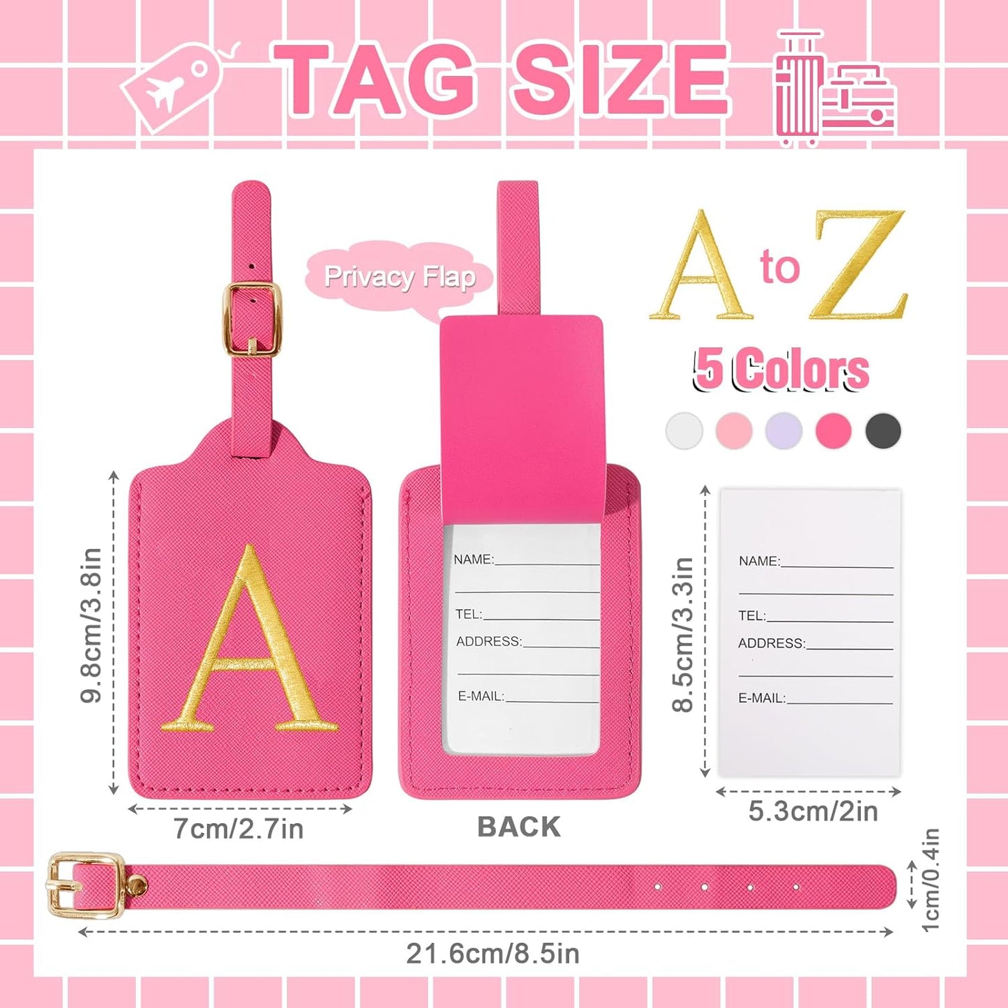 Personalized Initial Luggage Tags for Suitcase, Rose Red Leather Cute Luggage Tags with Privacy Cover Name Card, Embroidered Custom Monogram Luggage Tags Travel Backpack Tag Gifts for Women Kids(A)