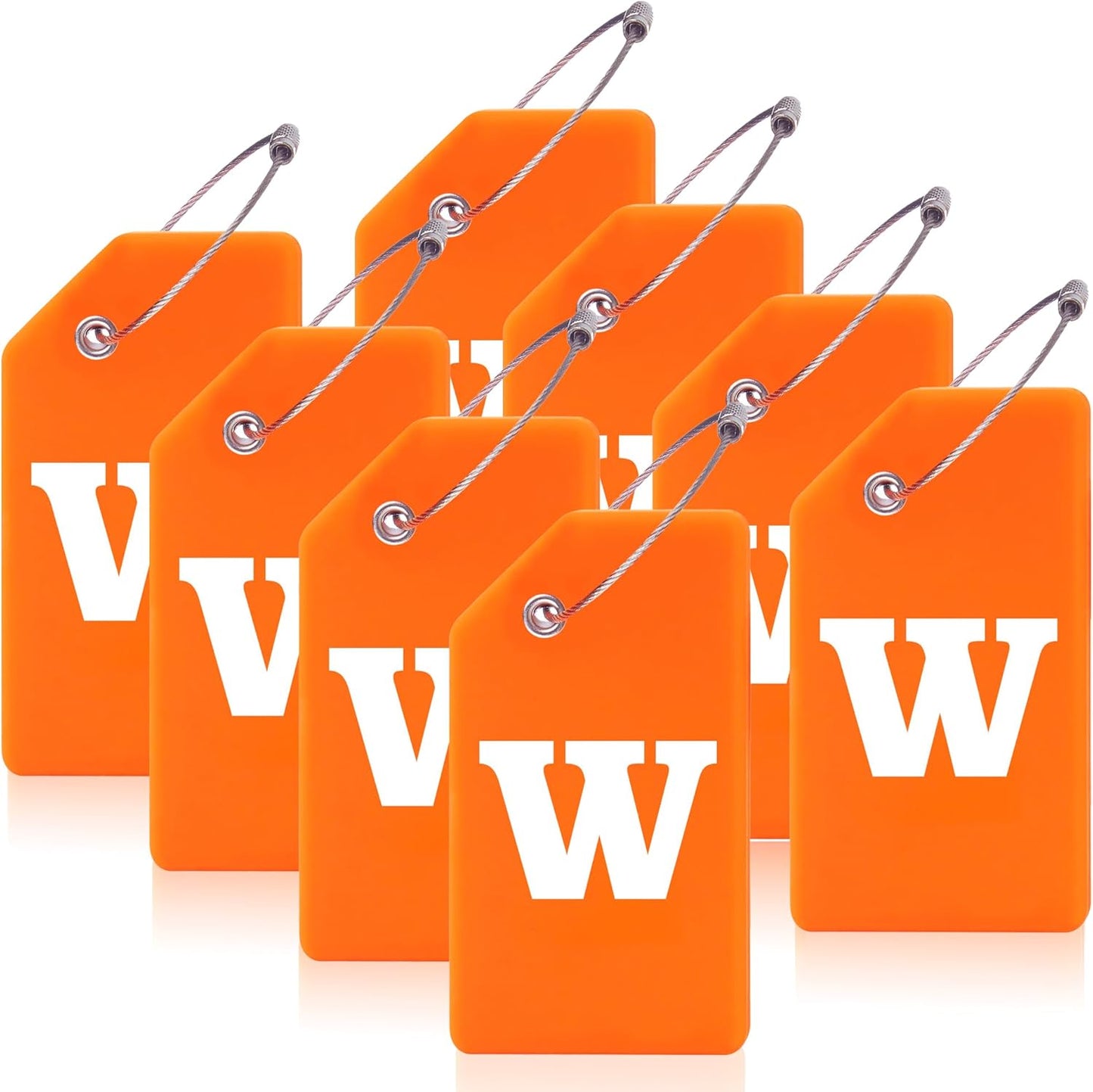 8 Pcs Luggage Tags for Suitcases, 26 Initial Letter Travel Luggage Baggage Identification Labels ID Tags Fully Bendable Tags with Stainless Steel Loop (Letter W, Orange)