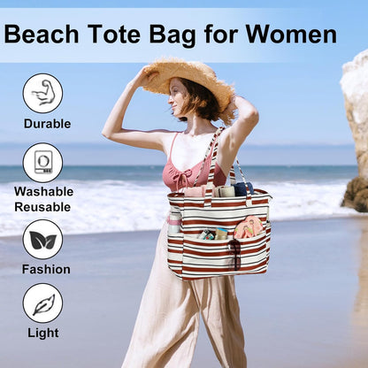 LEDAOU Large Beach Tote Bag Women Waterproof Sandproof Zipper Beach Tote Bag for Pool Gym Grocery Travel with Wet Pocket