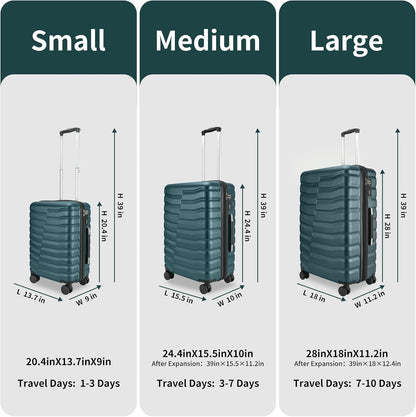 Lightweight Luggage with Spinner Wheels & YKK Zipper, 3-Piece Suitcase ABS+PC Hardside Hard Shell Luggage Set with TSA Lock, Teal Blue (20+24+28 inch)