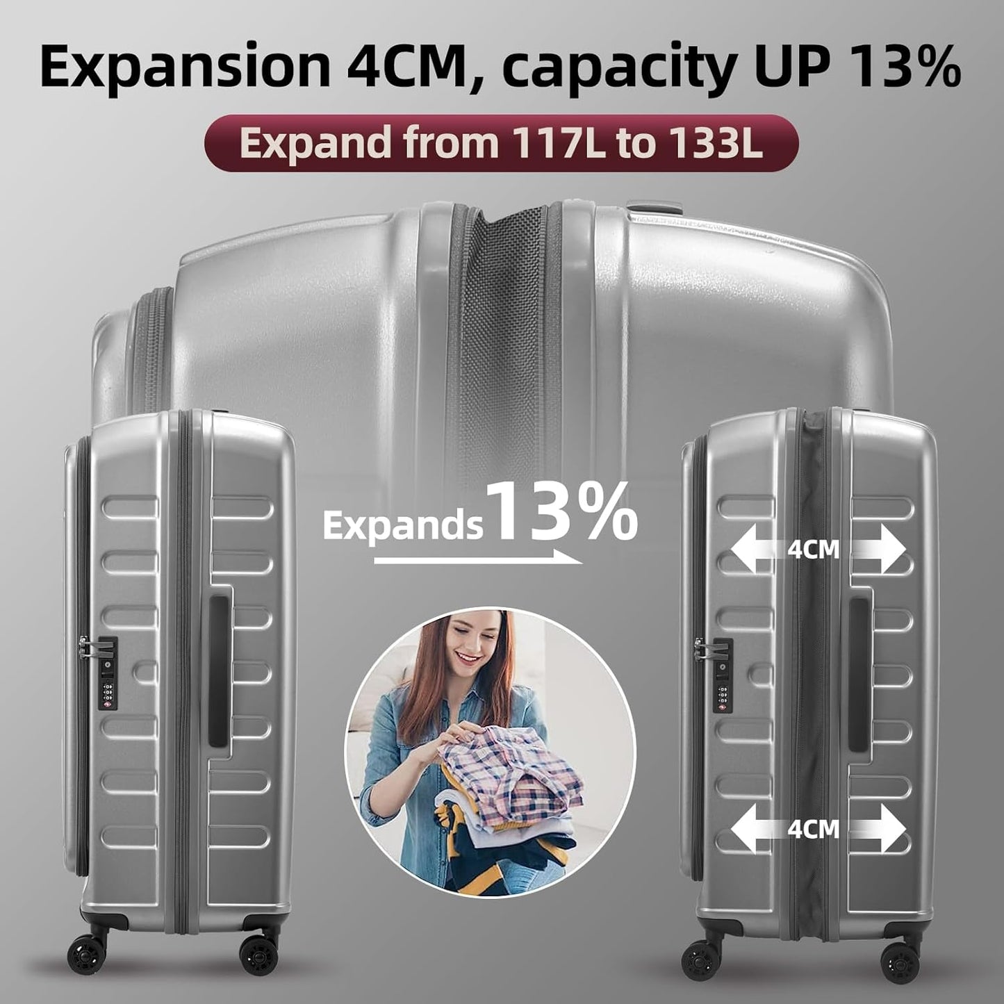 2 Pieces 19/29 Luggage Sets, 19 Inch Carry On Luggage with Front Pocket & 29 Inch Side Opening Suitcase, Ligthweight ABS+PC Hardshell, Gray