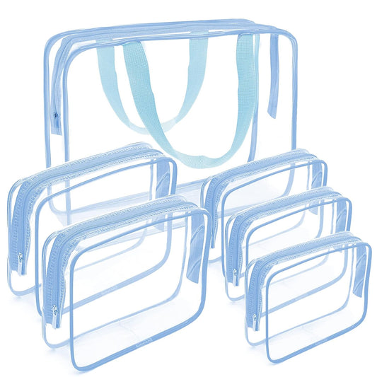APREUTY Clear Makeup Bags, TSA Approved 6 Pcs Cosmetic Makeup Bags Set Clear PVC with Zipper Handle Portable Travel Luggage Pouch Airport Airline Vacation Organization (Haze Blue)