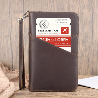 Polare Full Grain Leather Passport Holder With YKK Zipper RFID Blocking Travel Document Organizer Ticket Holder Cover Case Holds 2 Passports (Dark Brown with AirTag Slot)